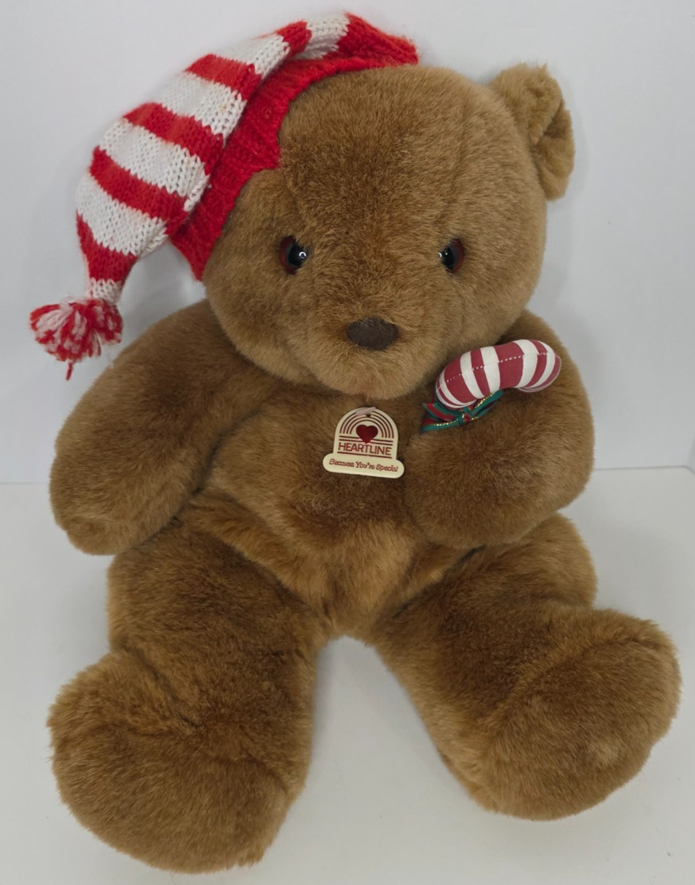 Vintage 1988 Heartline Christmas Teddy Bear Plush Candy Cane Striped Knit Hat